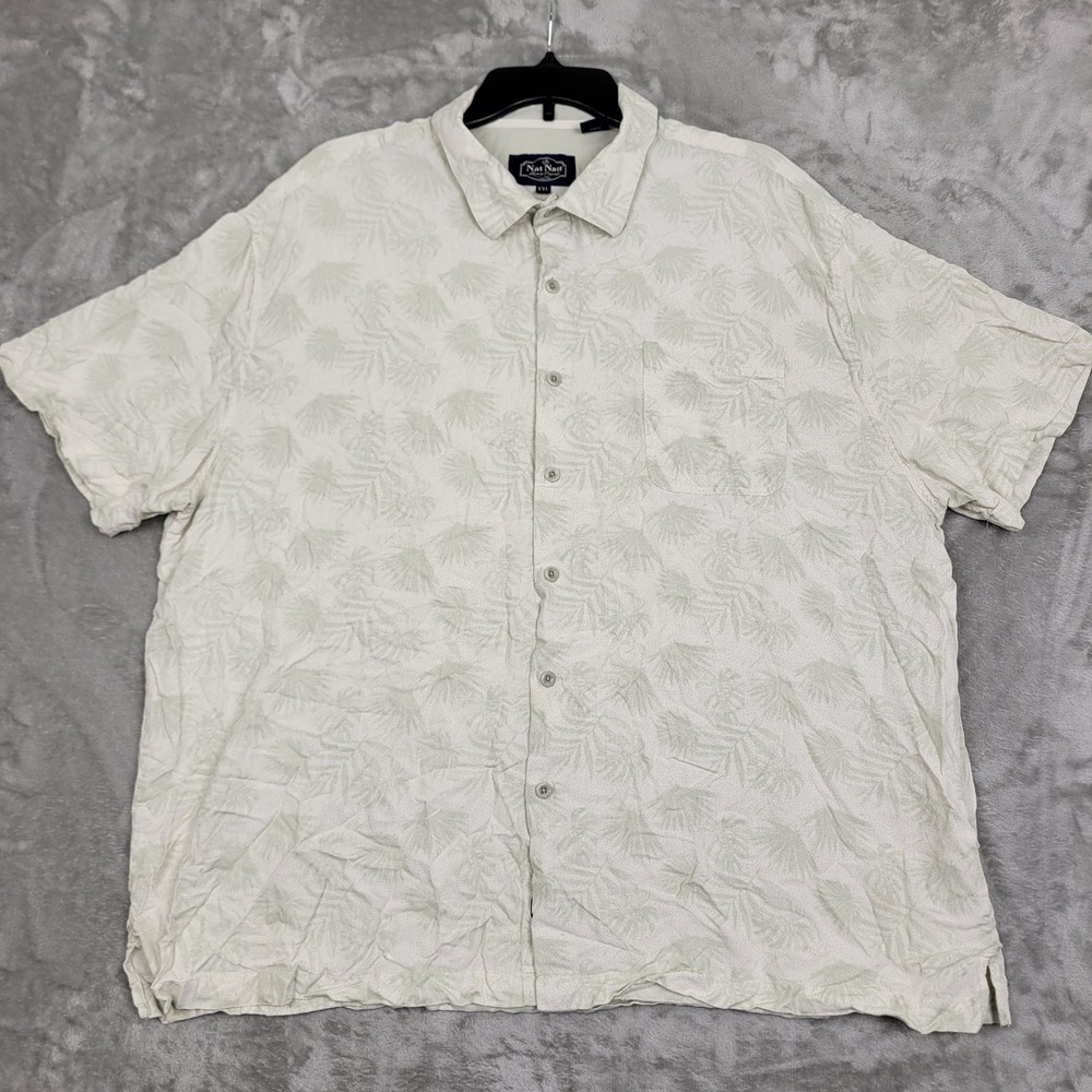 Nat Nast Men's 2XL Floral White Green Tropical Silk Blend Button-Up Shirt Casual